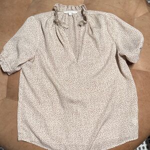 Fun 2 Fun Beige Floral Blouse with Ruffle Neckline